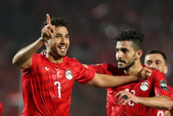 Pemain Mesir, Mahmoud Ahmed Ibrahim Hassan alias Trezeguet usai mencetak gol ke gawang Zimbabwe, Sabtu dini hari WIB.